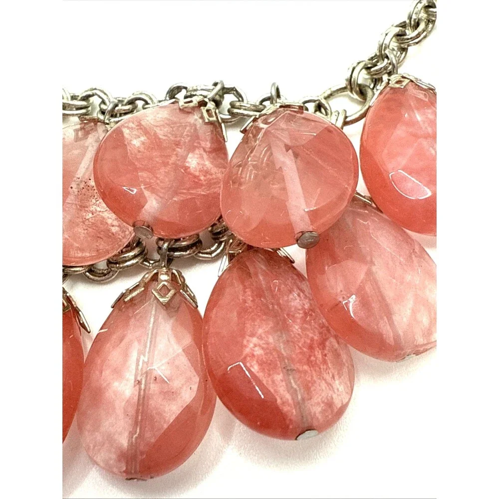 Rose Quartz Bib Necklace Double Strand Teardrop Dangle Stone Bead Statement 18